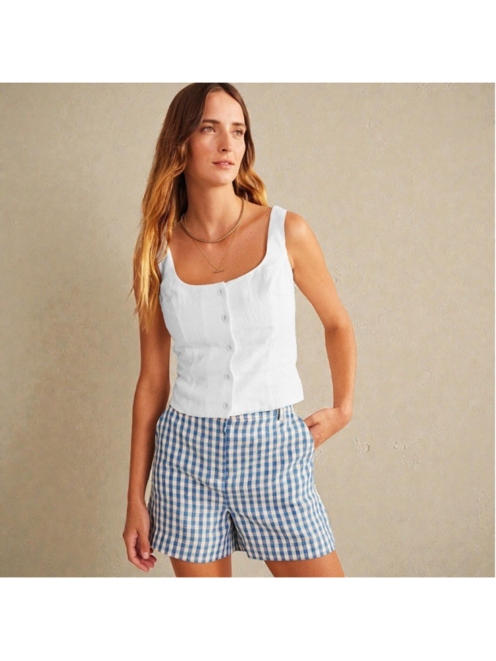 Boden White Linen Button Front Square Neck Cropped Tank Top Sz 12